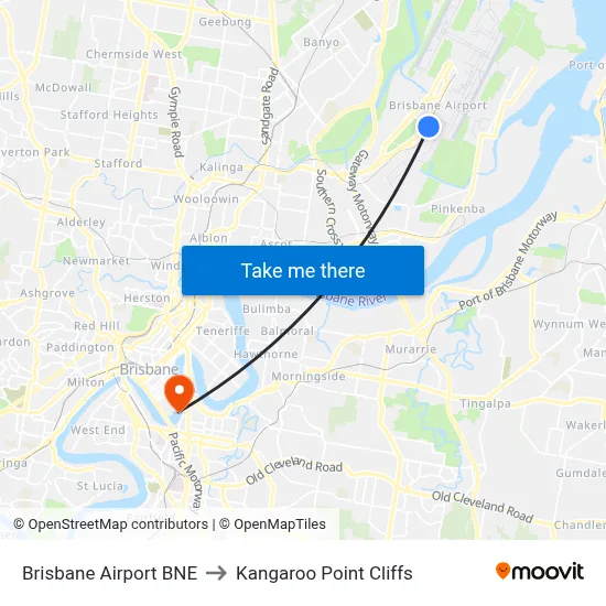 Brisbane Airport BNE to Kangaroo Point Cliffs map