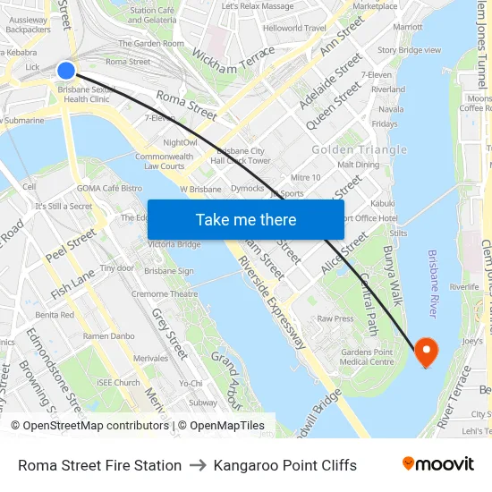 Roma Street Fire Station to Kangaroo Point Cliffs map