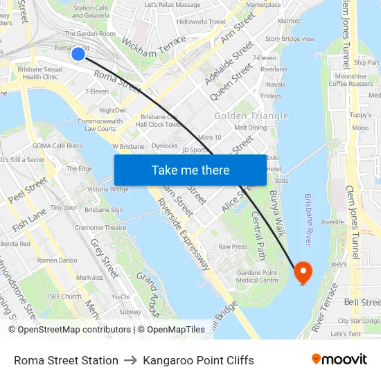 Roma Street Station to Kangaroo Point Cliffs map