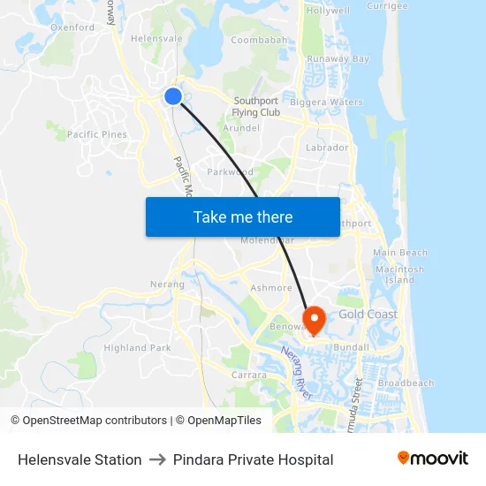 Helensvale Station to Pindara Private Hospital map