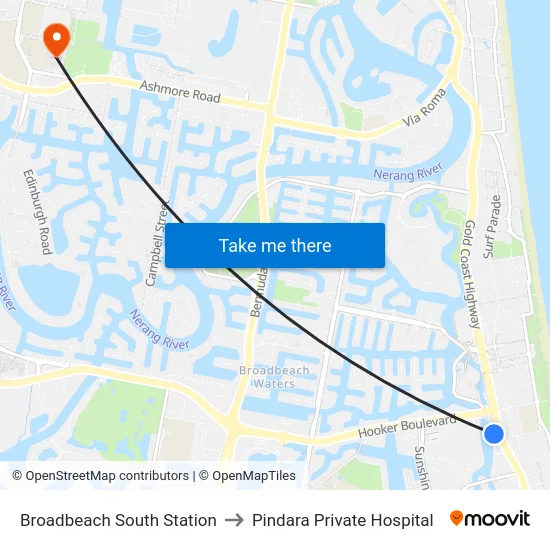 Broadbeach South Station to Pindara Private Hospital map