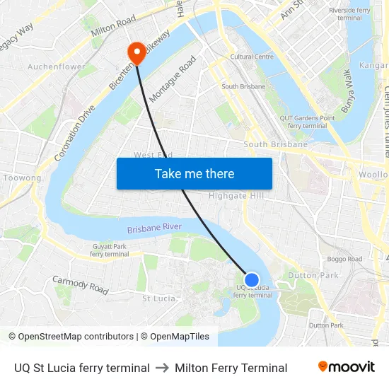 UQ St Lucia ferry terminal to Milton Ferry Terminal map