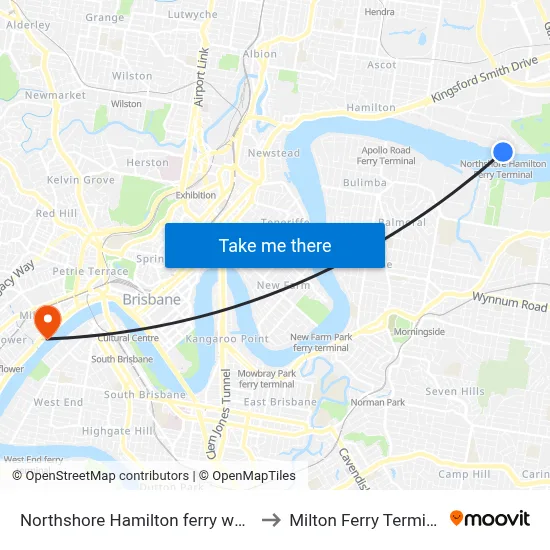 Northshore Hamilton ferry wharf to Milton Ferry Terminal map