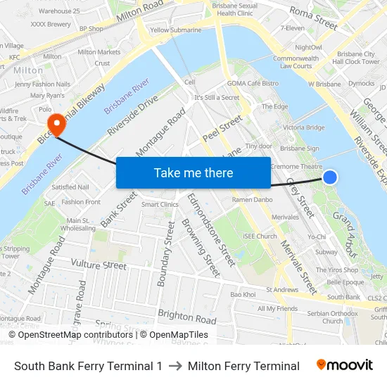 South Bank 1 to Milton Ferry Terminal map