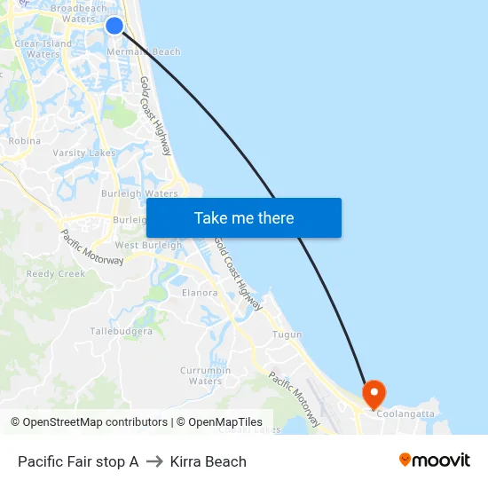 Pacific Fair stop A to Kirra Beach map
