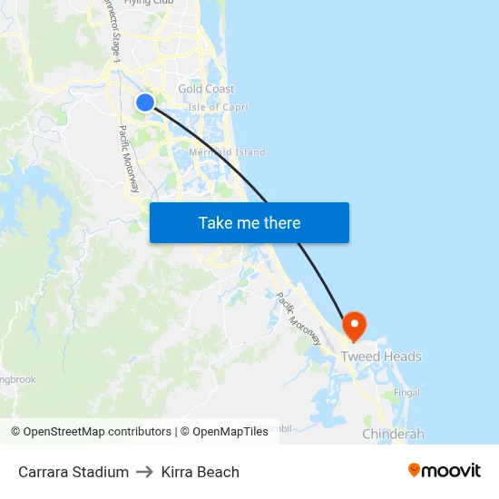 Carrara Stadium to Kirra Beach map
