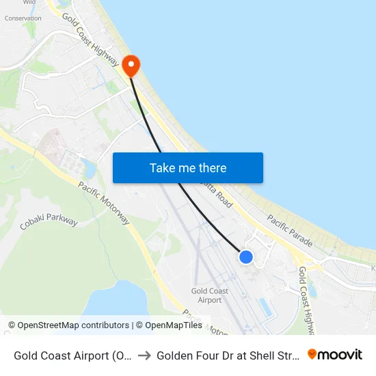 Gold Coast Airport (Ool) to Golden Four Dr at Shell Street map