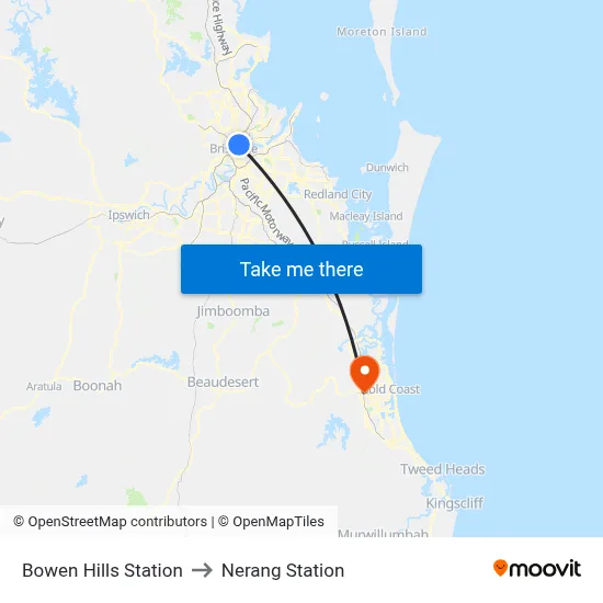 Bowen Hills Station to Nerang Station map