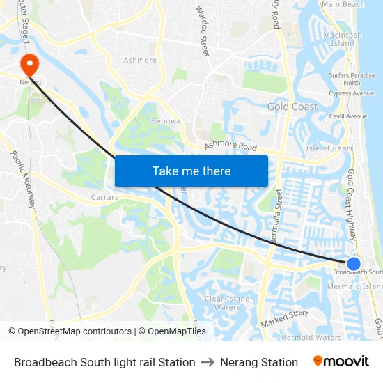 Broadbeach South light rail Station to Nerang Station map