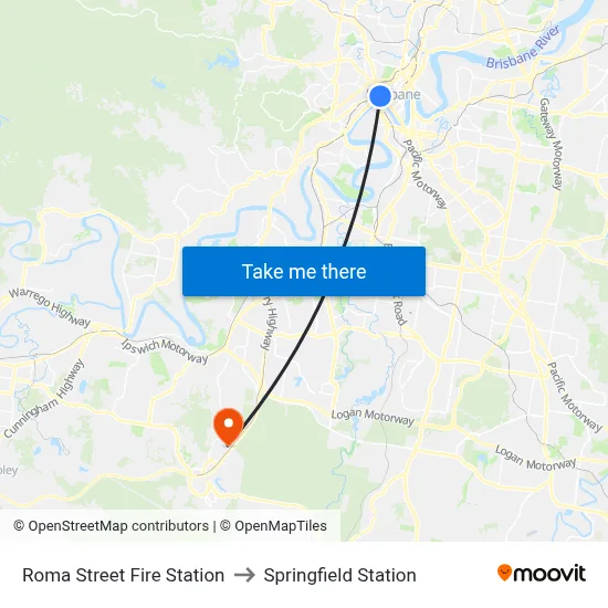 Roma Street Fire Station to Springfield Station map