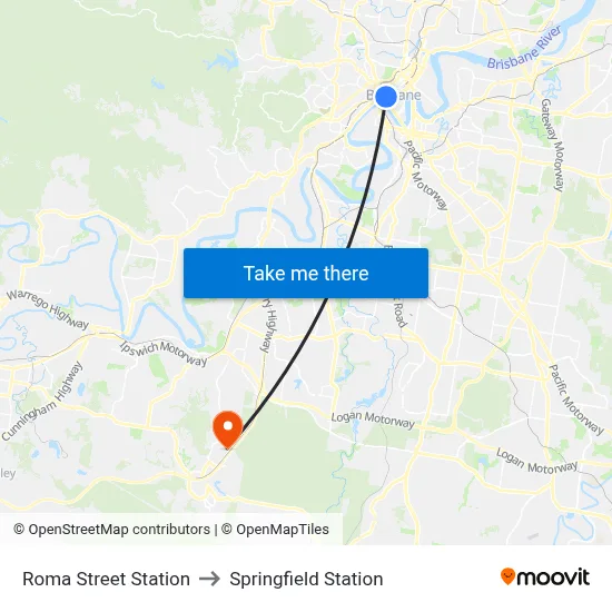 Roma Street Station to Springfield Station map