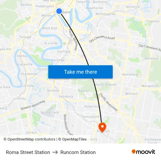 Roma Street Station to Runcorn Station map