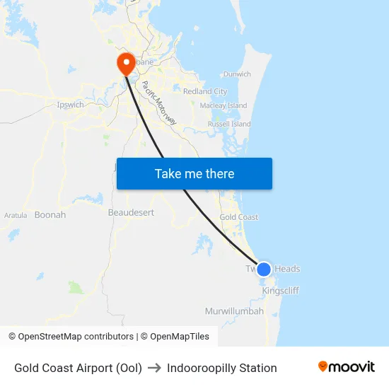 Gold Coast Airport (Ool) to Indooroopilly Station map