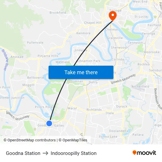 Goodna Station to Indooroopilly Station map