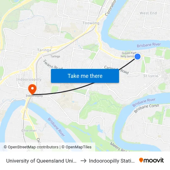 University of Queensland Union to Indooroopilly Station map
