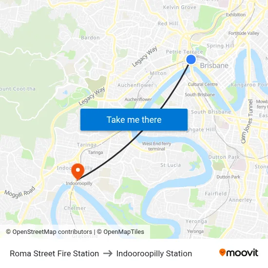 Roma Street Fire Station to Indooroopilly Station map