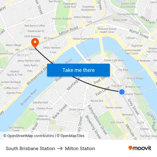 South Brisbane Station to Milton Station map