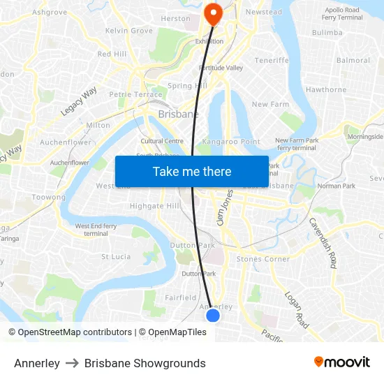 Annerley to Brisbane Showgrounds map