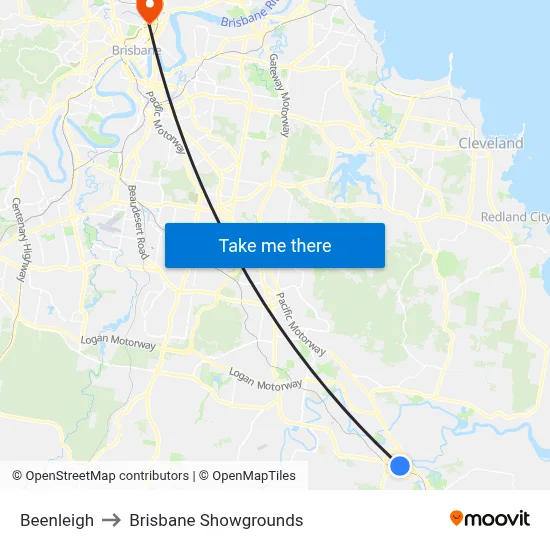 Beenleigh to Brisbane Showgrounds map