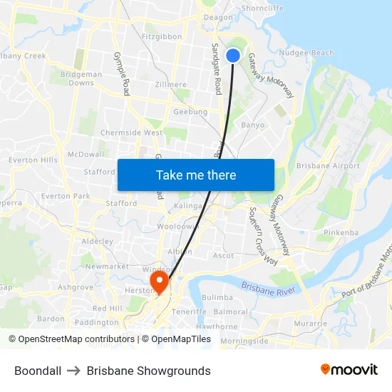 Boondall to Brisbane Showgrounds map