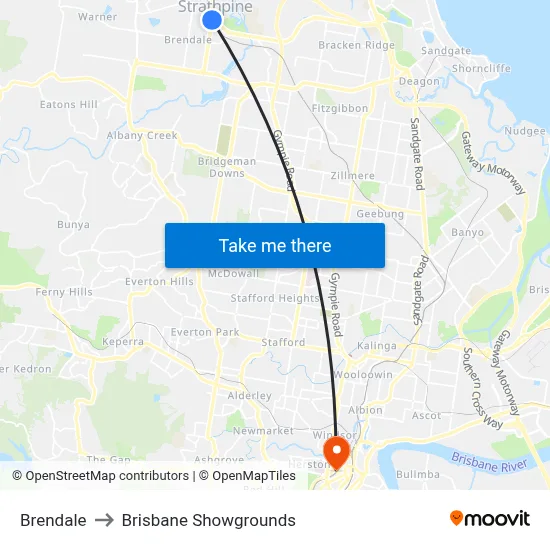 Brendale to Brisbane Showgrounds map