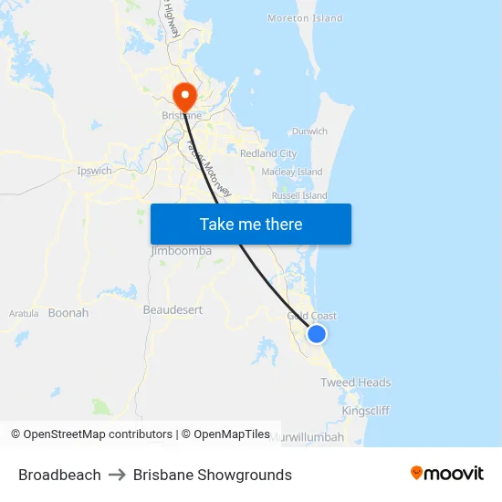 Broadbeach to Brisbane Showgrounds map