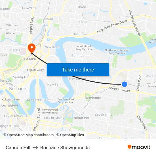 Cannon Hill to Brisbane Showgrounds map