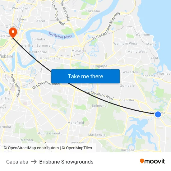 Capalaba to Brisbane Showgrounds map