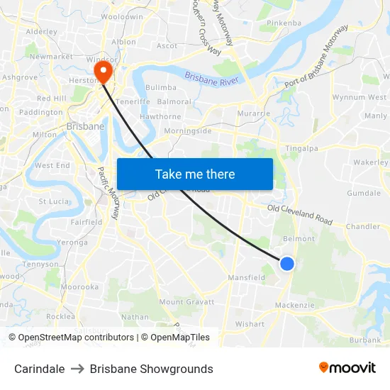 Carindale to Brisbane Showgrounds map