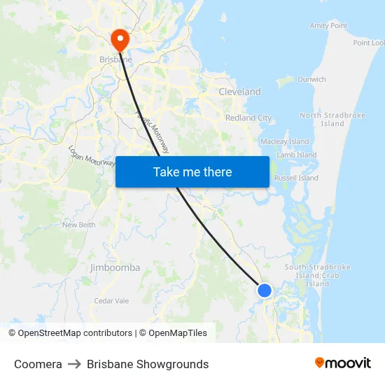 Coomera to Brisbane Showgrounds map