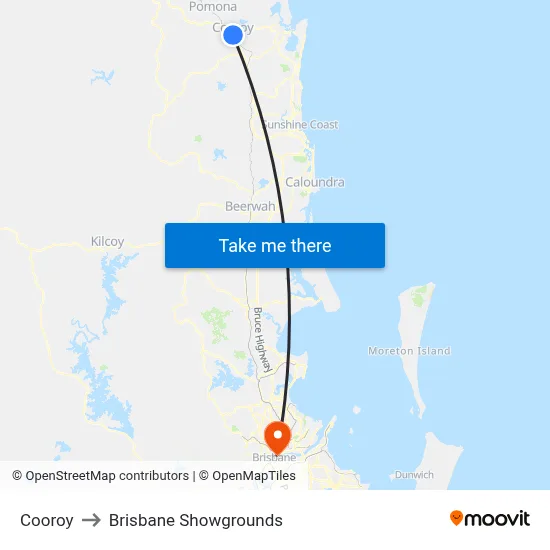 Cooroy to Brisbane Showgrounds map