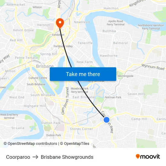 Coorparoo to Brisbane Showgrounds map