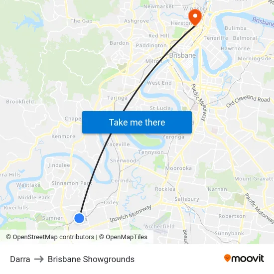 Darra to Brisbane Showgrounds map