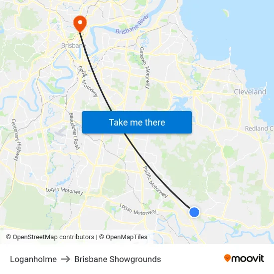 Loganholme to Brisbane Showgrounds map