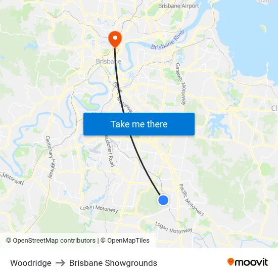 Woodridge to Brisbane Showgrounds map