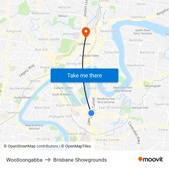 Woolloongabba to Brisbane Showgrounds map