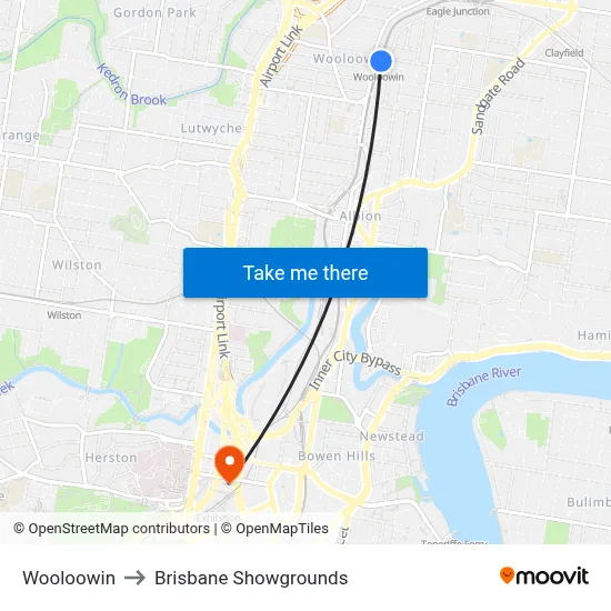 Wooloowin to Brisbane Showgrounds map