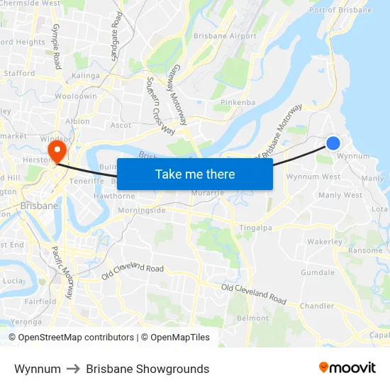 Wynnum to Brisbane Showgrounds map