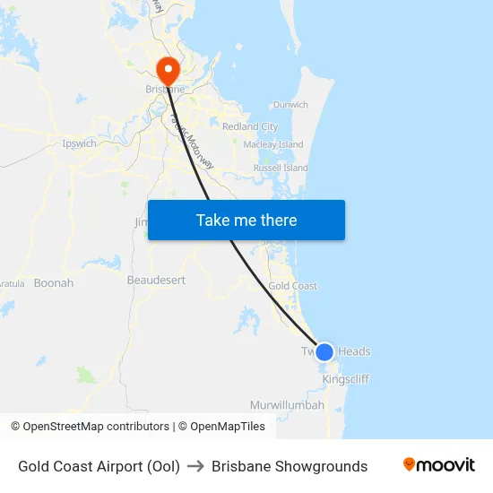 Gold Coast Airport (Ool) to Brisbane Showgrounds map