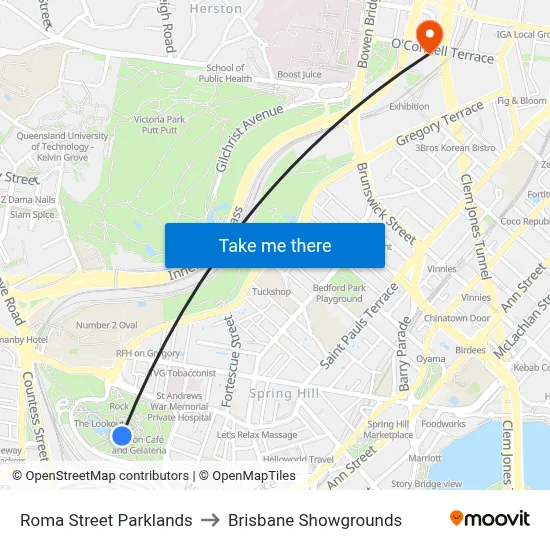 Roma Street Parklands to Brisbane Showgrounds map