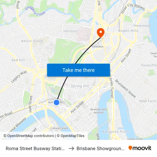 Roma Street Busway Station to Brisbane Showgrounds map