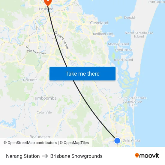 Nerang Station to Brisbane Showgrounds map