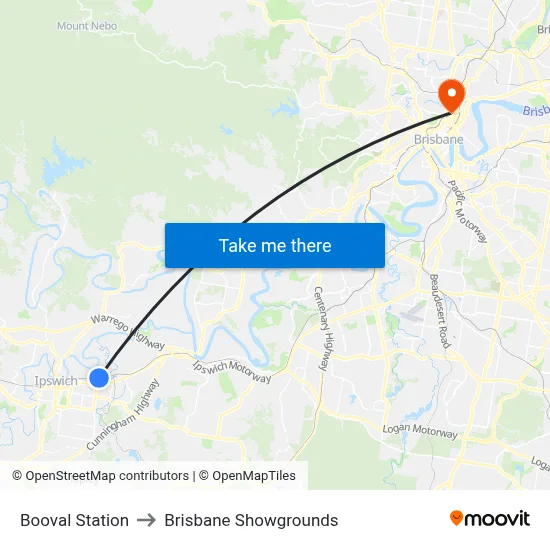 Booval Station to Brisbane Showgrounds map