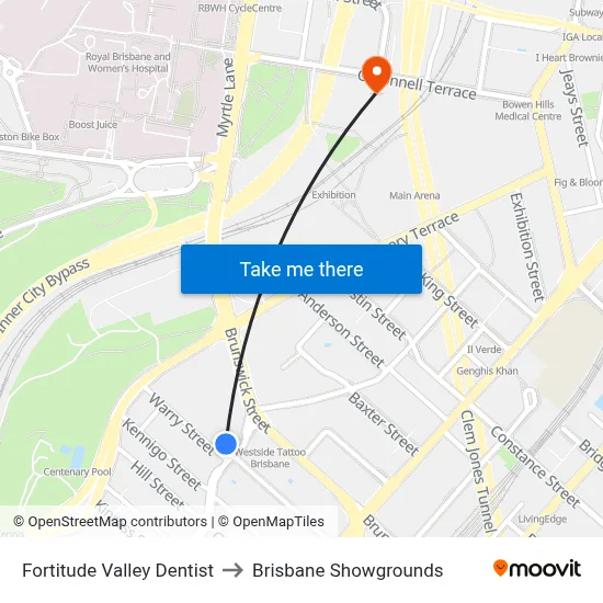 Fortitude Valley Dentist to Brisbane Showgrounds map