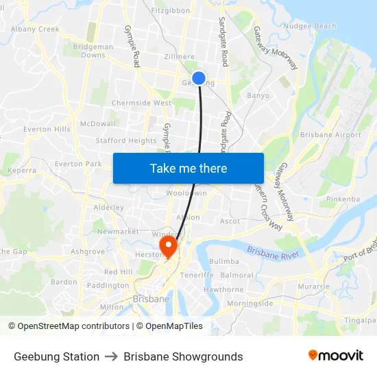 Geebung Station to Brisbane Showgrounds map