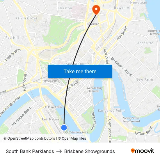 South Bank Parklands to Brisbane Showgrounds map