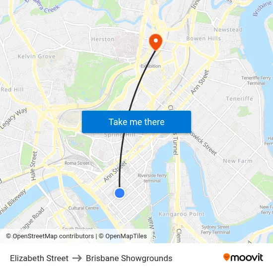 Elizabeth Street to Brisbane Showgrounds map