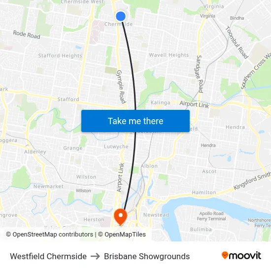 Westfield Chermside to Brisbane Showgrounds map