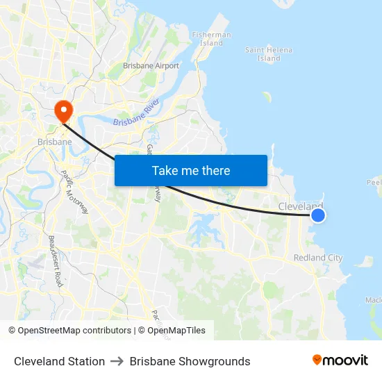 Cleveland Station to Brisbane Showgrounds map