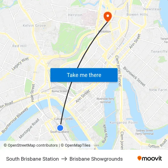 South Brisbane Station to Brisbane Showgrounds map